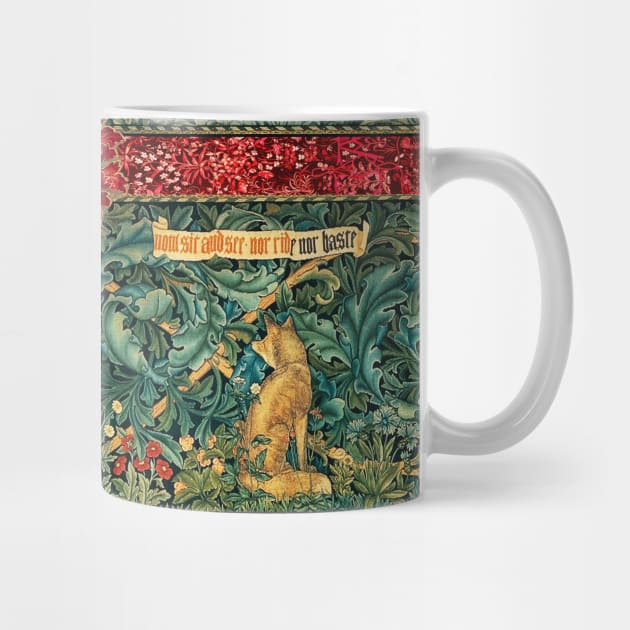 GREENERY FOREST ANIMALS ,LION ,FOX,PHEASANT AND DOES Red Green Floral Tapestry by BulganLumini